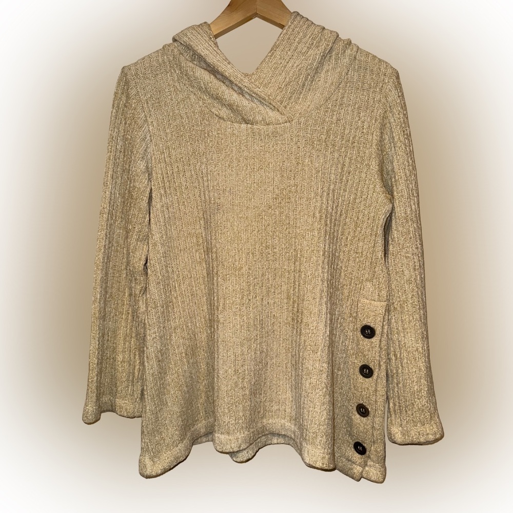 Soft Surroundings Chenille Hoodie Beige Button Detail XS Neutral Classic Cozy
